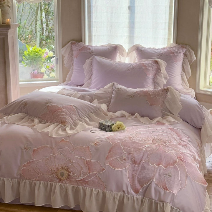 Romantic Chiffon-Ruffled Embroidered Floral Appliqué Duvet Cover Set