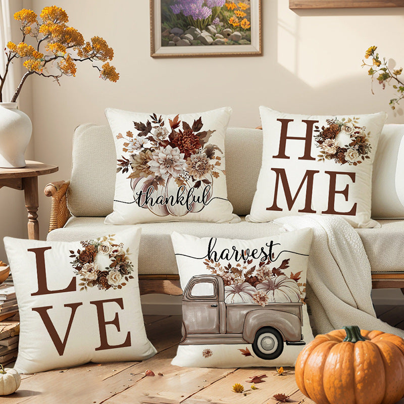 Square Cotton-Linen Throw Pillow Cover with Oversized LOVE Typography & Floral Wreath Print