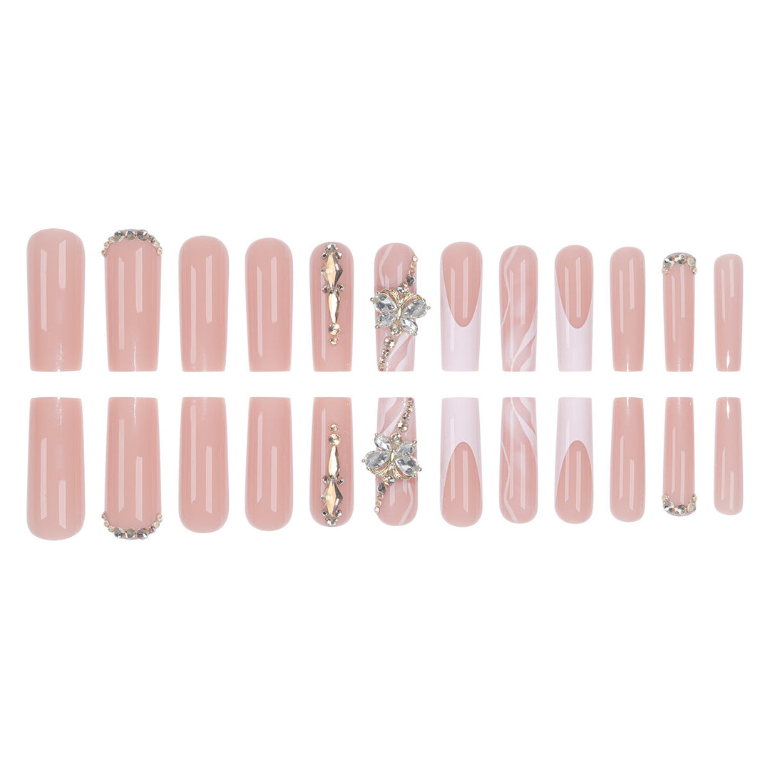 Elegant Long Press-On Nail Set with Decorative Gem and Floral Accents Stornfield