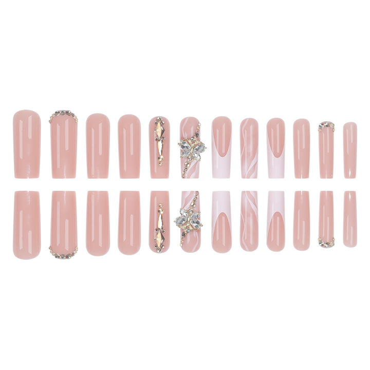 Elegant Long Press-On Nail Set with Decorative Gem and Floral Accents Stornfield