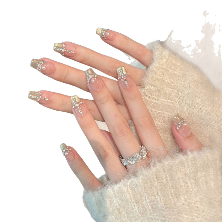 Glamorous Decorative Press-On Nail Art Set with Rhinestone and Pearl Accents