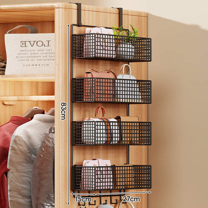 Over-Door Four-Tier Metal Mesh Hanging Storage Organizer with Integrated Hooks