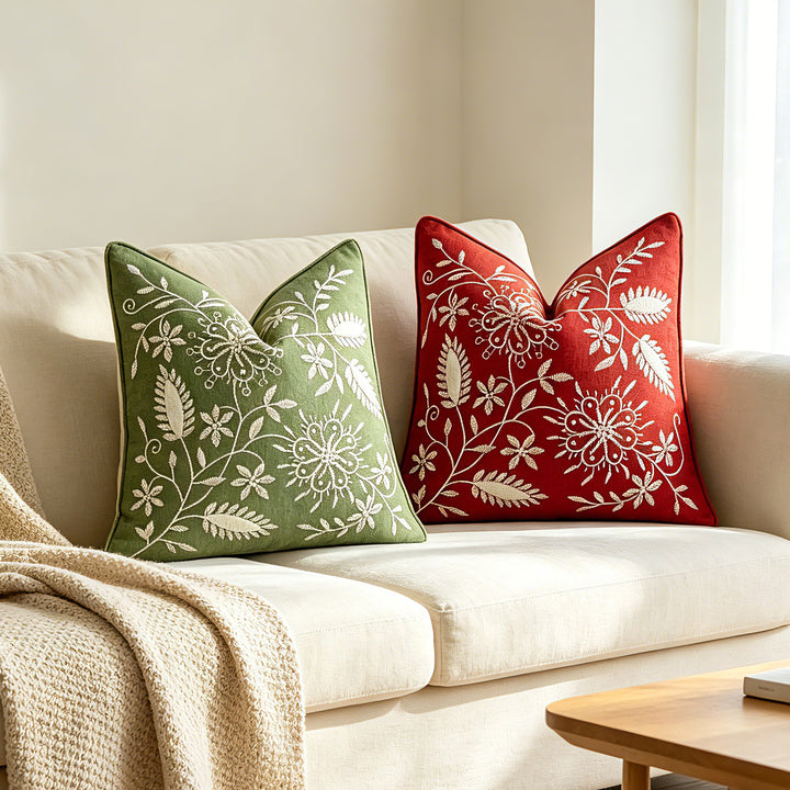 Square Embroidered Linen-Blend Decorative Throw Pillow Cover with Piped Edge