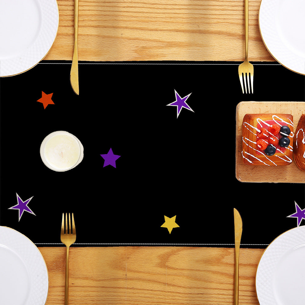 Halloween Cotton-Linen Table Runner with Sitting Cat and Pumpkin Illustration Decorative Border