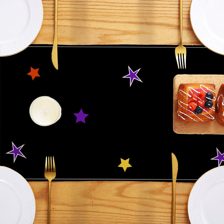 Halloween Cotton-Linen Table Runner with Sitting Cat and Pumpkin Illustration Decorative Border