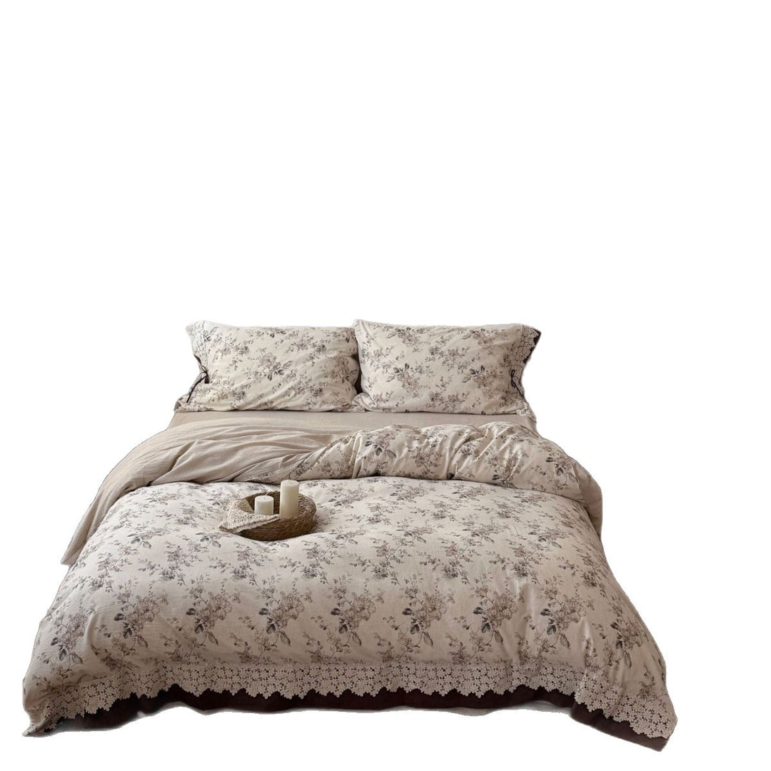 Cottage Floral Cotton-Linen Blend Duvet Cover Set with Crochet Lace Hem and Bow-Tie Pillow Shams