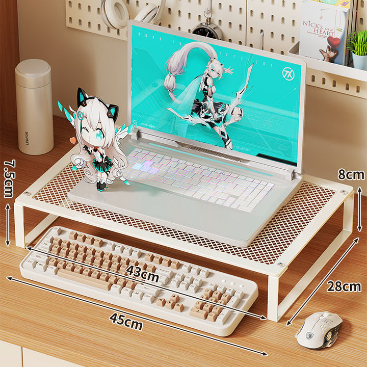 Elevated Mesh Laptop and Monitor Stand with Ventilated Metal Grid Surface and Under-Keyboard Storage
