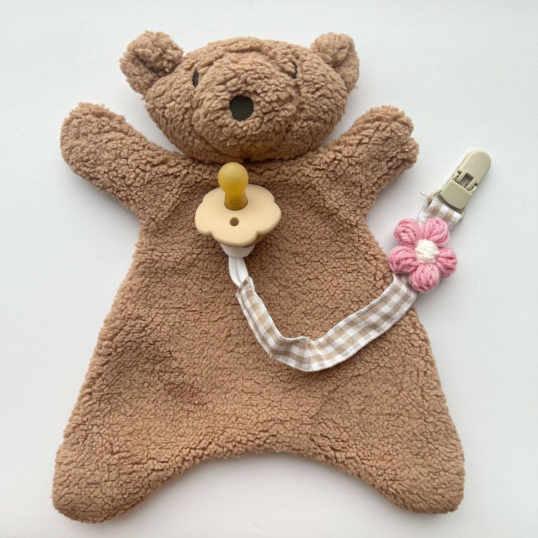 Floral Knit Pacifier Clip with Gingham Cotton Strap