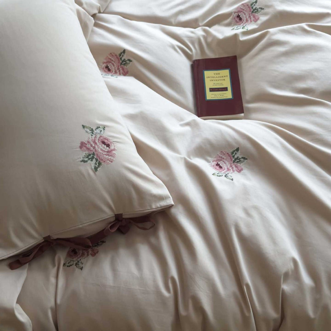 Embroidered Floral Cotton Sateen Duvet Cover Set with Decorative Pillow Shams