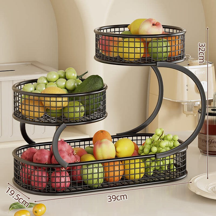 Three-Tier S-Shaped Metal Mesh Fruit and Kitchen Counter Organizer with Built-In Napkin Holder