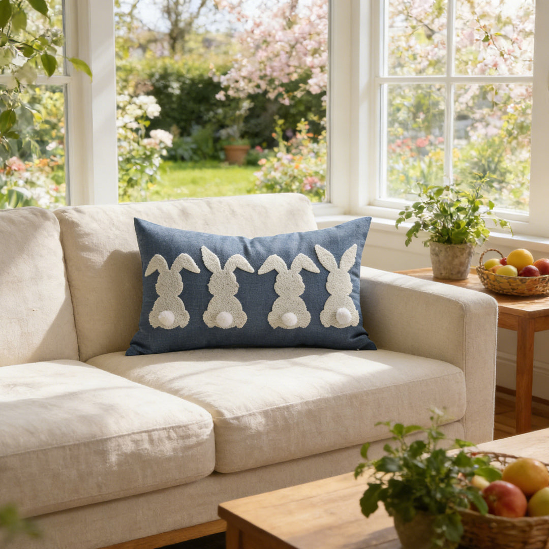 Tufted Bunny Appliqué Lumbar Throw Pillow Cover with Pom-Pom Tail
