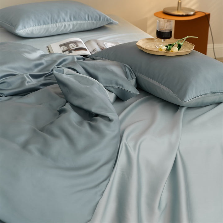 Reversible satin bedding set with a silky glossy feel and skin-friendly cotton blend