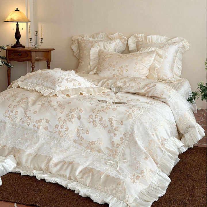 Luxurious Floral Ruffled Lace Comforter Set with Satin Trim