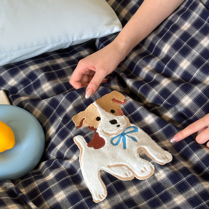 Reversible Plaid Cotton Duvet Cover Set with Puppy Appliqué