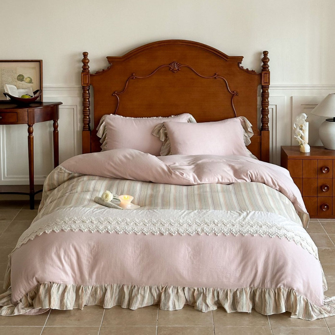 Ruffled Lace-Trim Duvet Cover and Pillow Sham Set