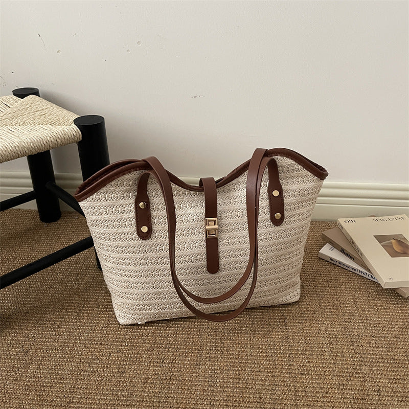 Woven Straw Tote Bag with Leather Accents