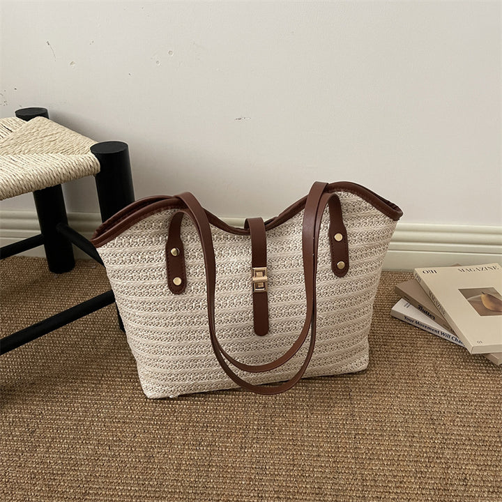 Woven Straw Tote Bag with Leather Accents