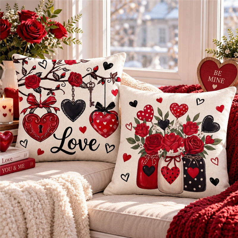 Decorative Cotton-Linen Valentine's Heart and Rose Print Square Throw Pillow Cover with Hidden Zipper