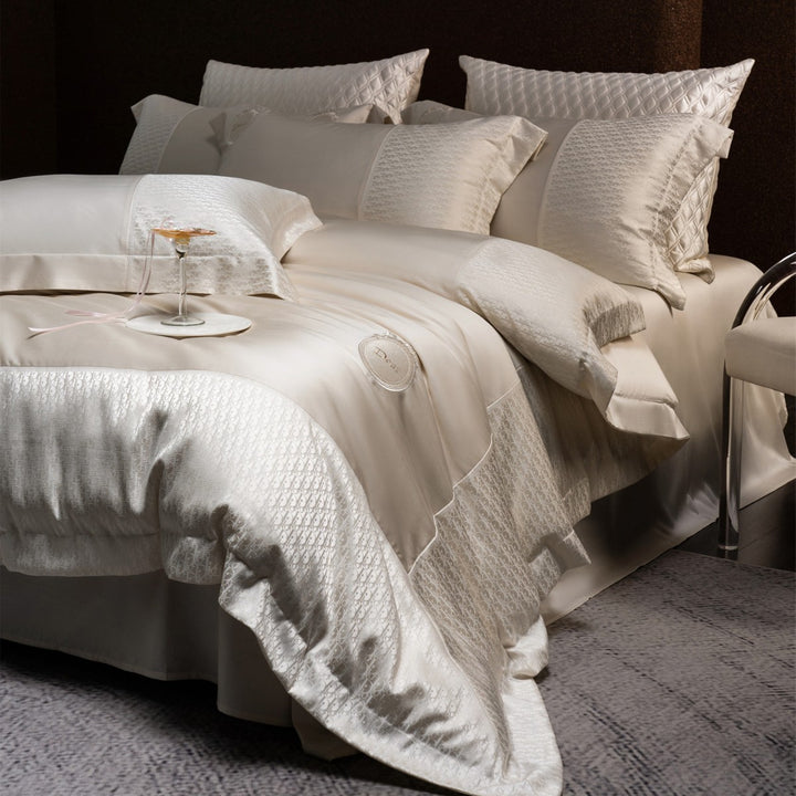 Silk-Feel Jacquard Sateen Duvet Cover Set with Embroidered Crest & Bed Skirt