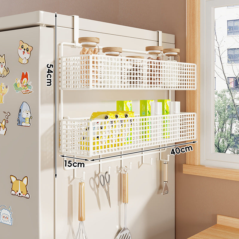 Over-Refrigerator Vertical Hanging Mesh Storage Rack with Deep Baskets and Hook Rail