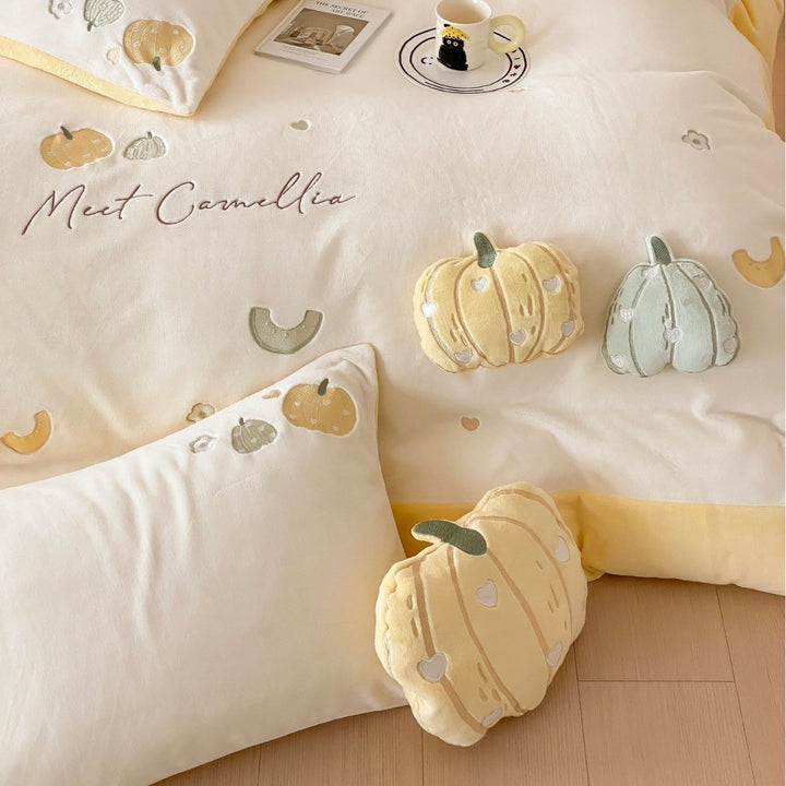 Velvet-Feel Pumpkin Embroidered Duvet Cover & Sham Set