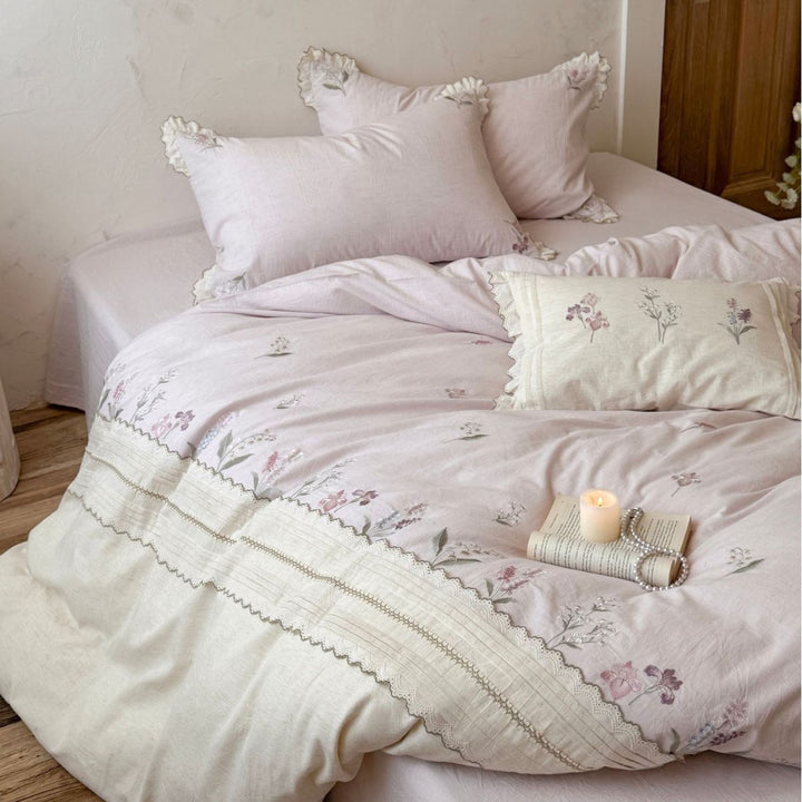 Embroidered Floral Linen-Cotton Duvet Cover Set with Ruffled Pillow Shams