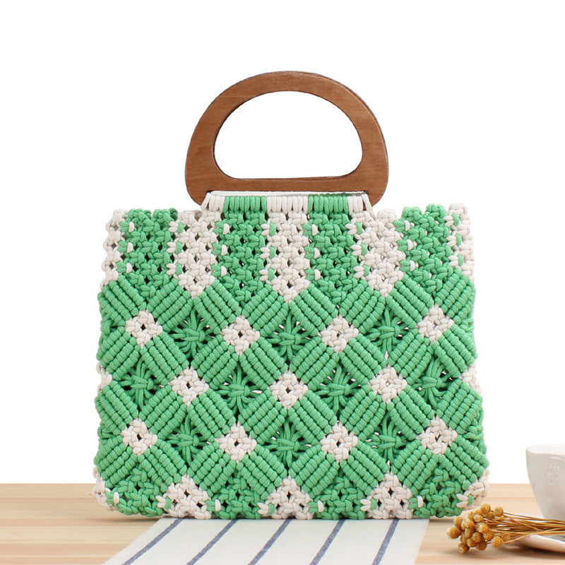 Macrame Tote Bag with Wooden Handles and Floral Details Stornfield