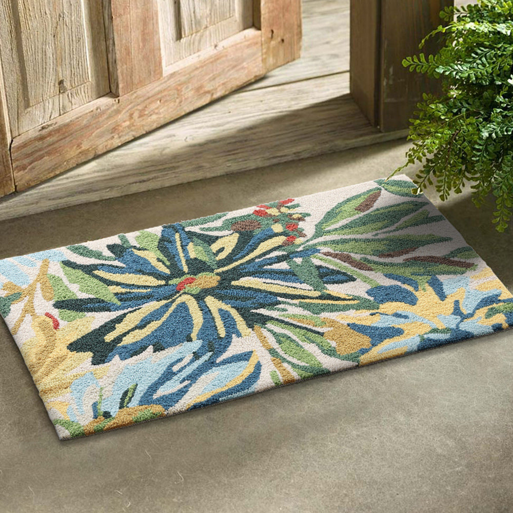 Rectangular hand-tufted bath mat rug with medallion-shaped ornament