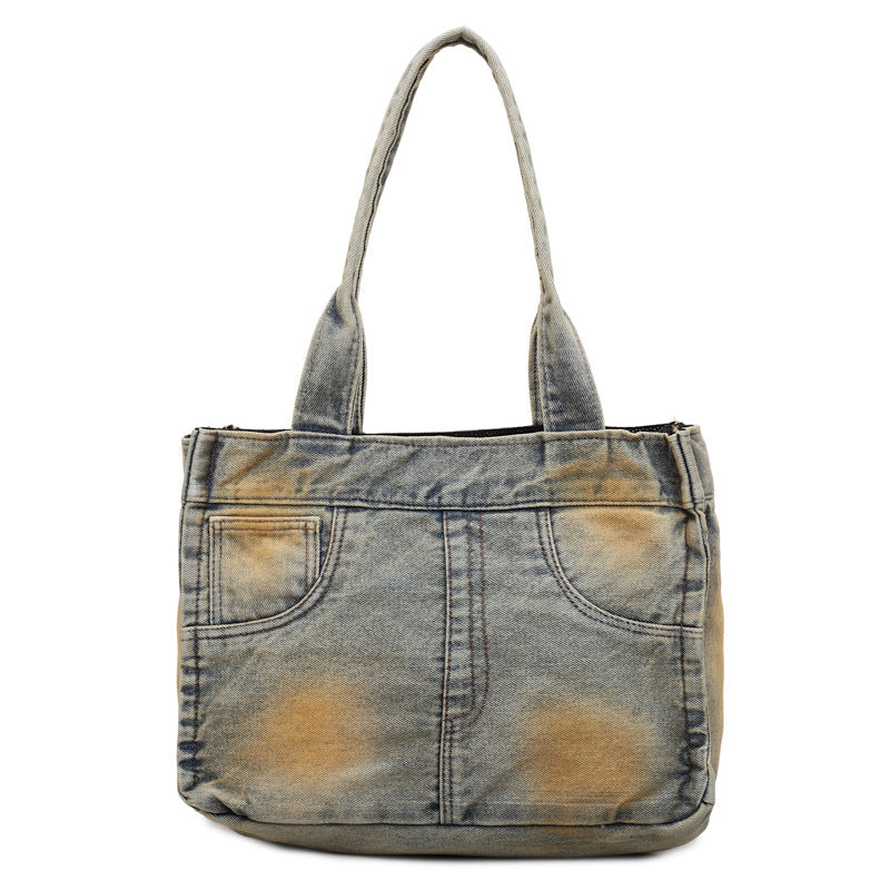 Denim-Inspired Multi-Pocket Tote Bag