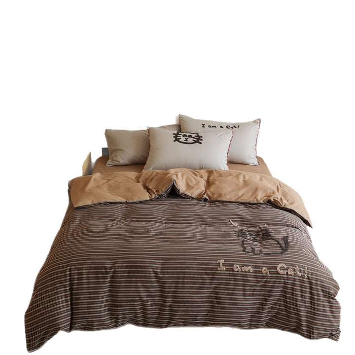 Striped Reversible Cotton Sateen Duvet Cover Set with Paw-Print Accent & Pillow Shams