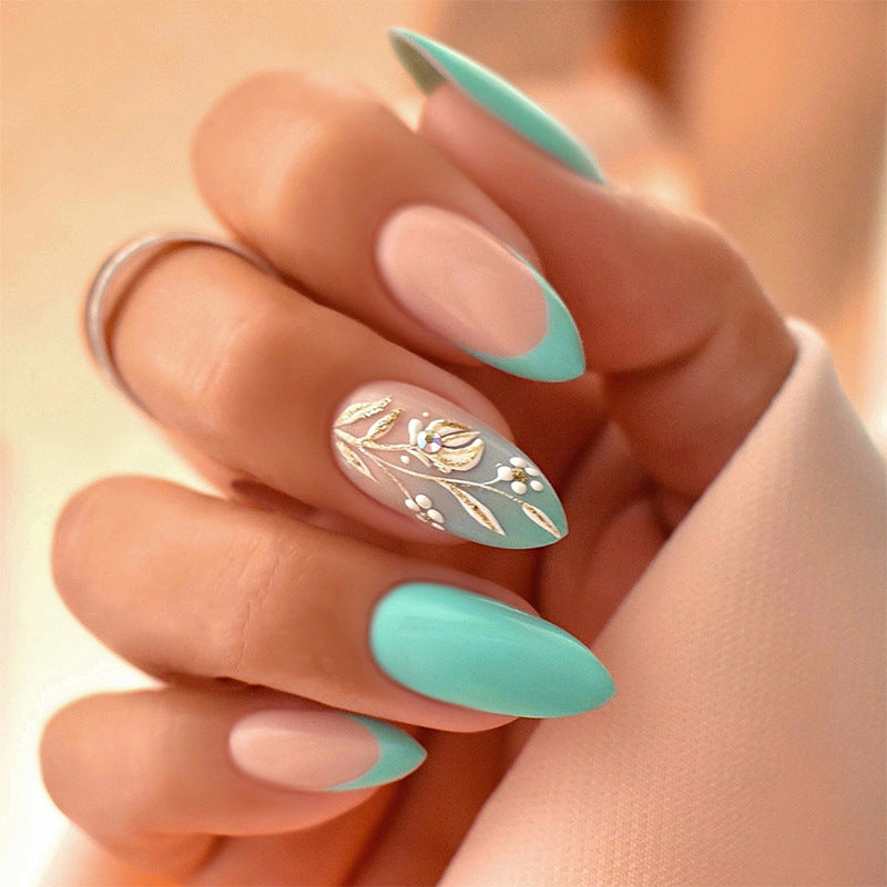 Artisan Press-On Nail Set with Elegant Leaf Patterns Stornfield