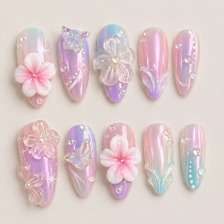 Artificial nail set with floral accents and glitter Stornfield
