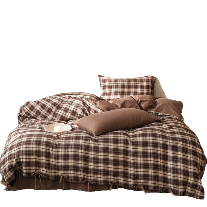Luxury Plaid Cotton Duvet Cover Set with Corner Ties