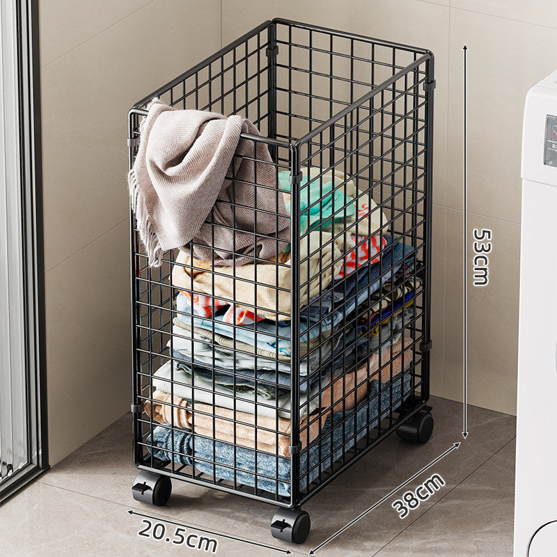Tall Rolling Metal Laundry Basket with Vertical Slats and Swivel Casters