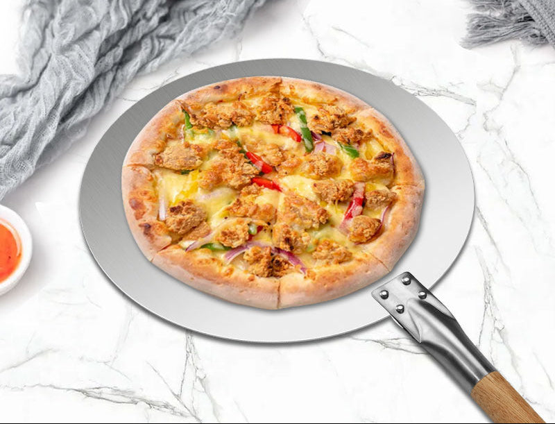 round stainless steel pizza peel set with long hardwood handles Stornfield