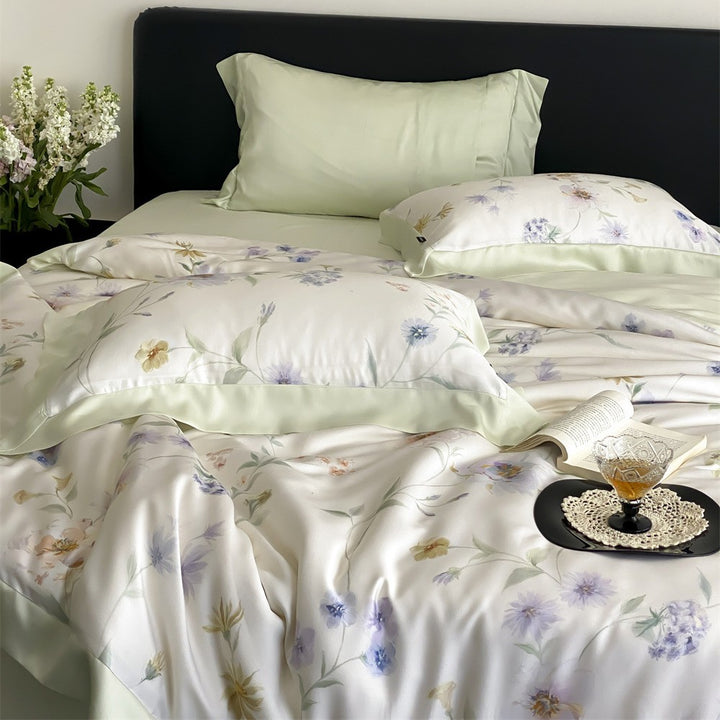 Luxurious cotton satin bedding set with watercolor marble print and fine hem edge