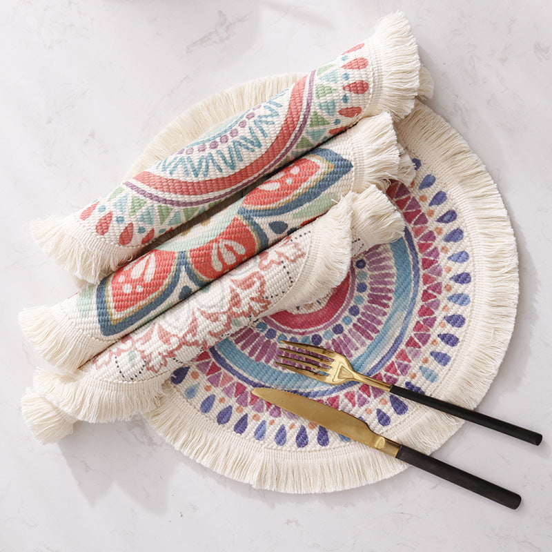 Beef flat-woven floor rug in Boho-Mandala design with cotton fringes