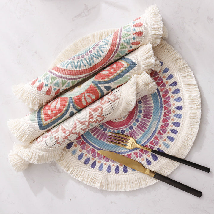 Beef flat-woven floor rug in Boho-Mandala design with cotton fringes