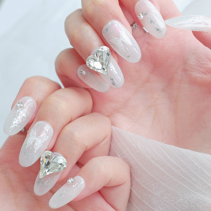 Artistic Press-On Nail Art Set with Butterfly Design and Gem Accents