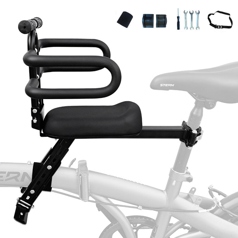 rear frame-mounted padded child bike seat with triple loop backrest and adjustable clamp Stornfield