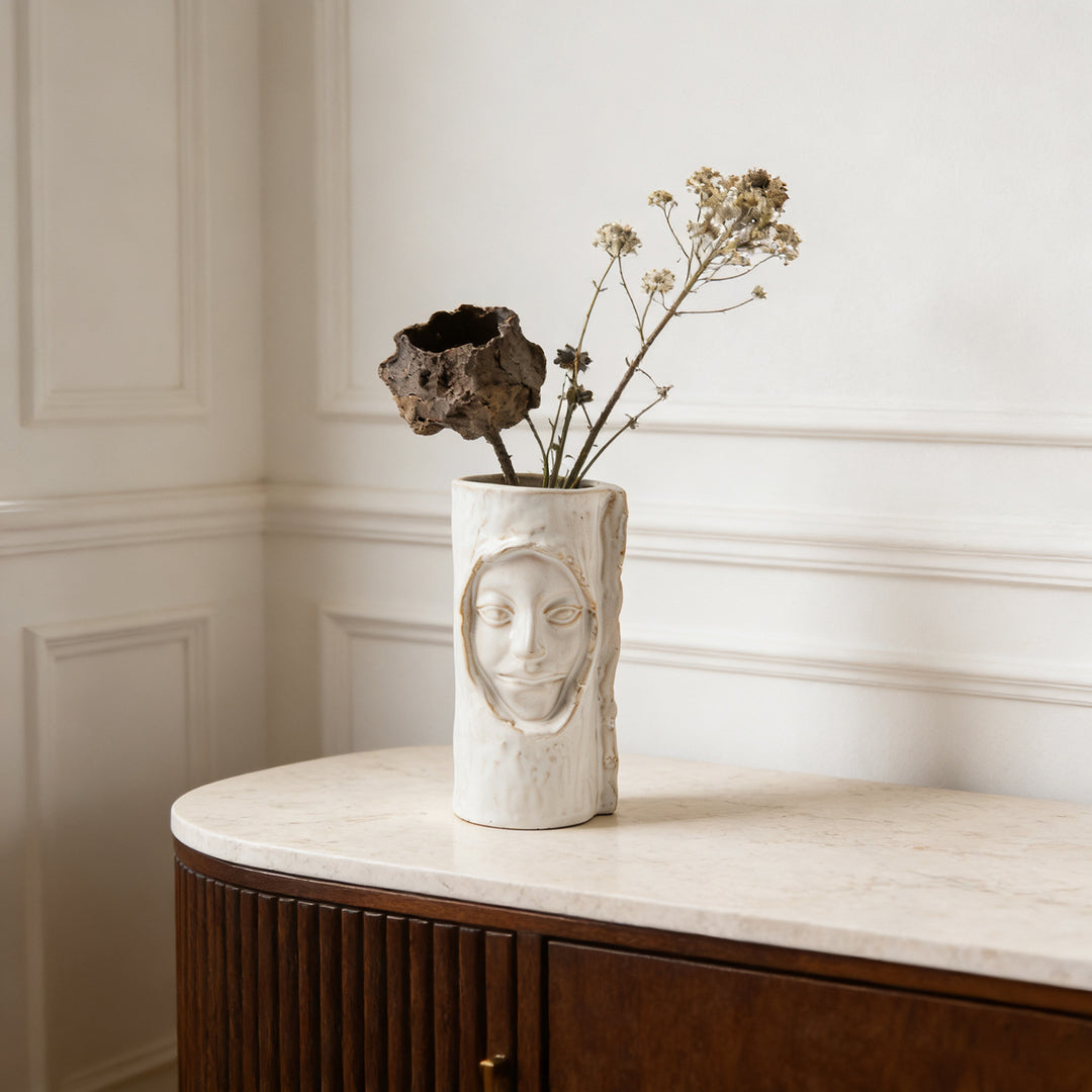Handmade ceramic sculptural face-stem cylindrical flower pot with textured glaze