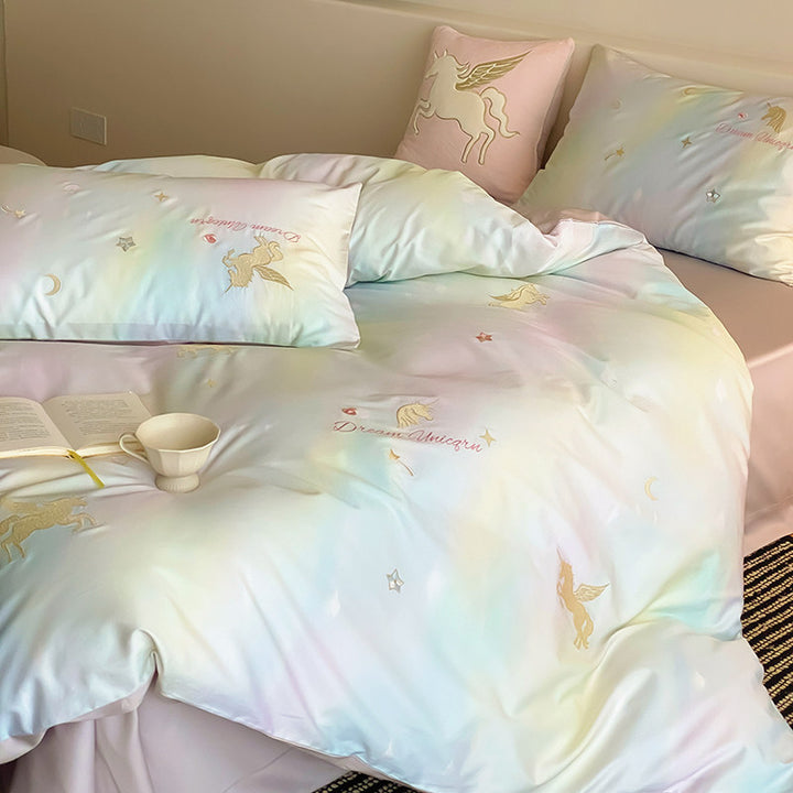 Pastel Unicorn Cotton Sateen Duvet Cover Set with Embroidered Decorative Cushion