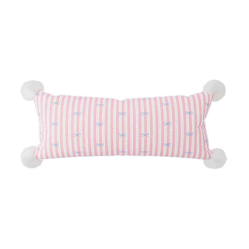 Long Lumbar Decorative Throw Pillow with Pom-Pom Corners and Bow-Striped Cotton-Linen Cover