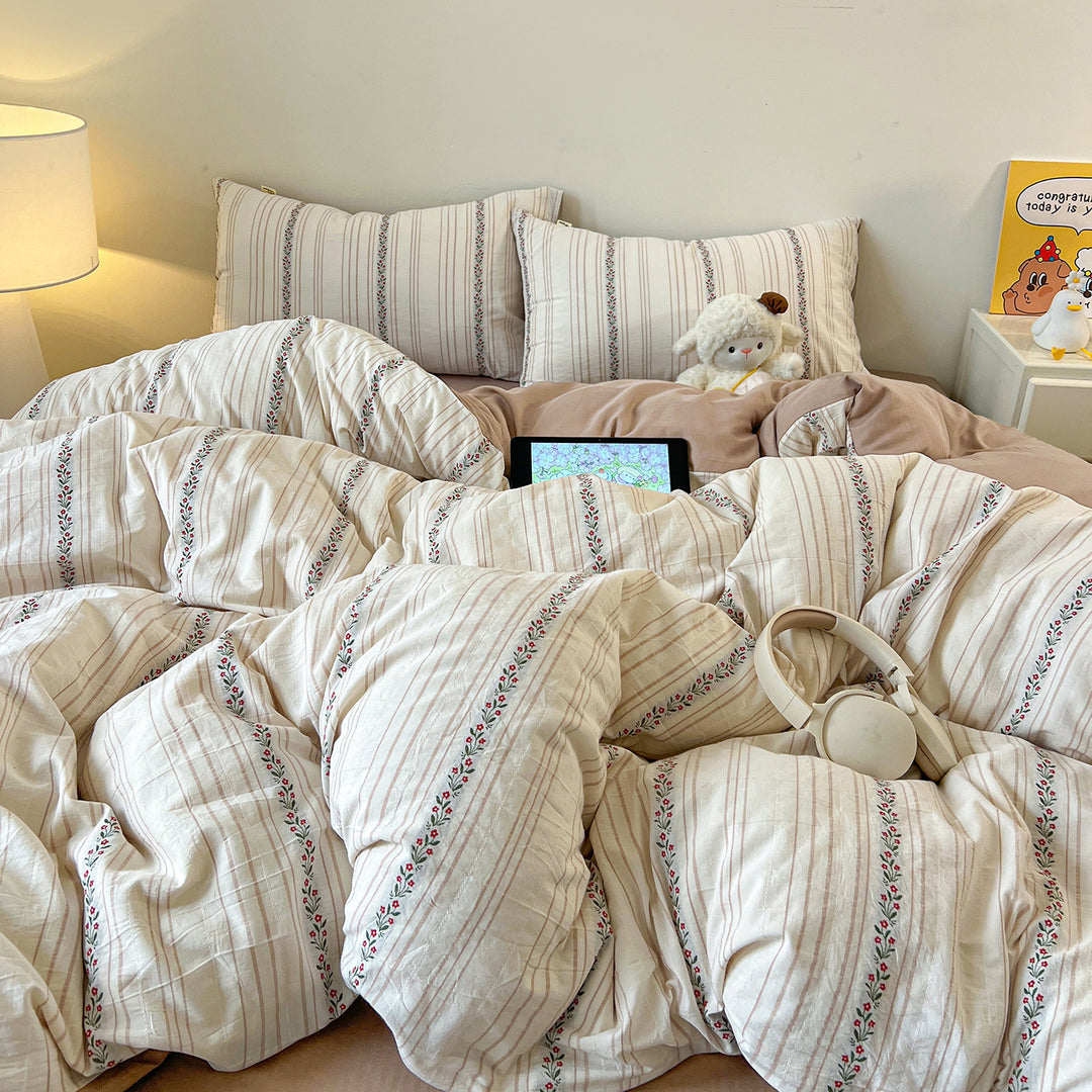 Striped Vintage Floral Cotton Percale Duvet Cover Set
