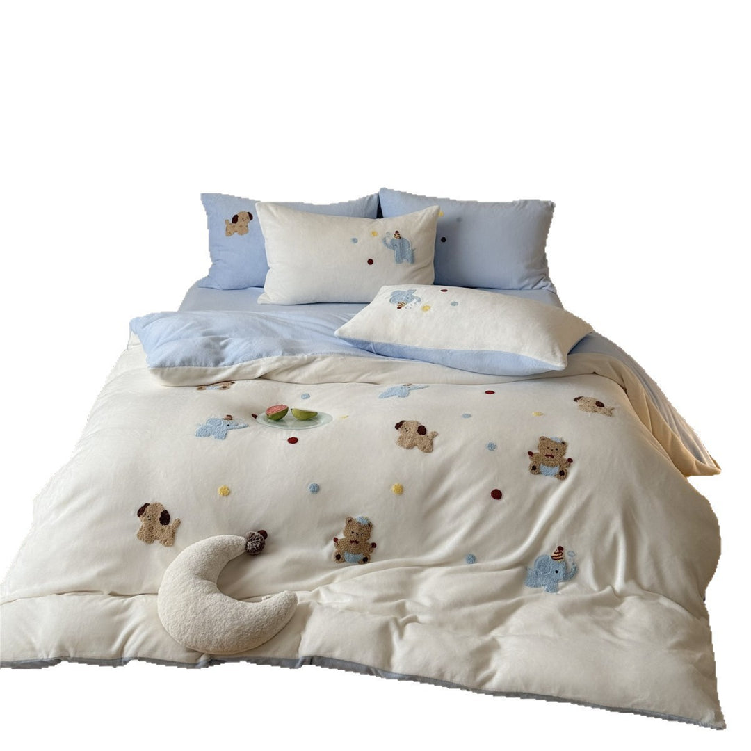 Children's Embroidered Terry Appliqué Animal Duvet Cover Set with Reversible Backing