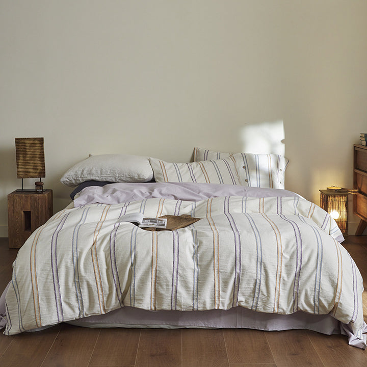 Breathable Washed Linen-Blend Striped Duvet Cover Set with Envelope Pillow Shams