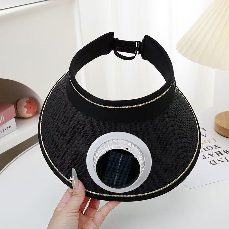 Foldable straw hat visor with integrated solar fan, adjustable neck strap, and breathable sweatband Stornfield