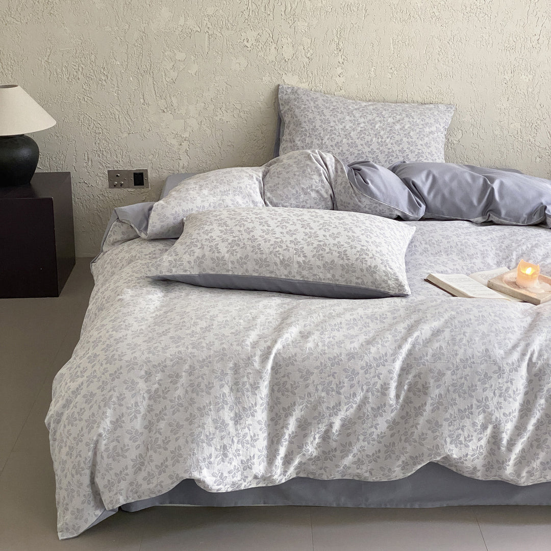 Floral Micro-Print Cotton Sateen Duvet Cover Set with Reversible Solid-Back and Pillow Shams