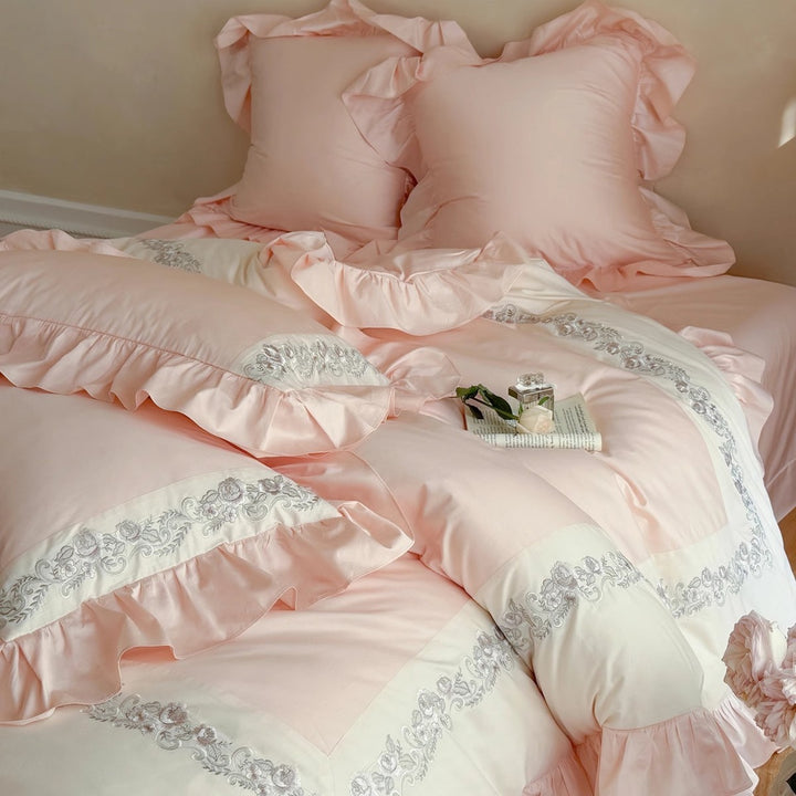 Romantic Ruffle-Trim Cotton Duvet Cover Ensemble with Embroidered Border & Pillow Shams