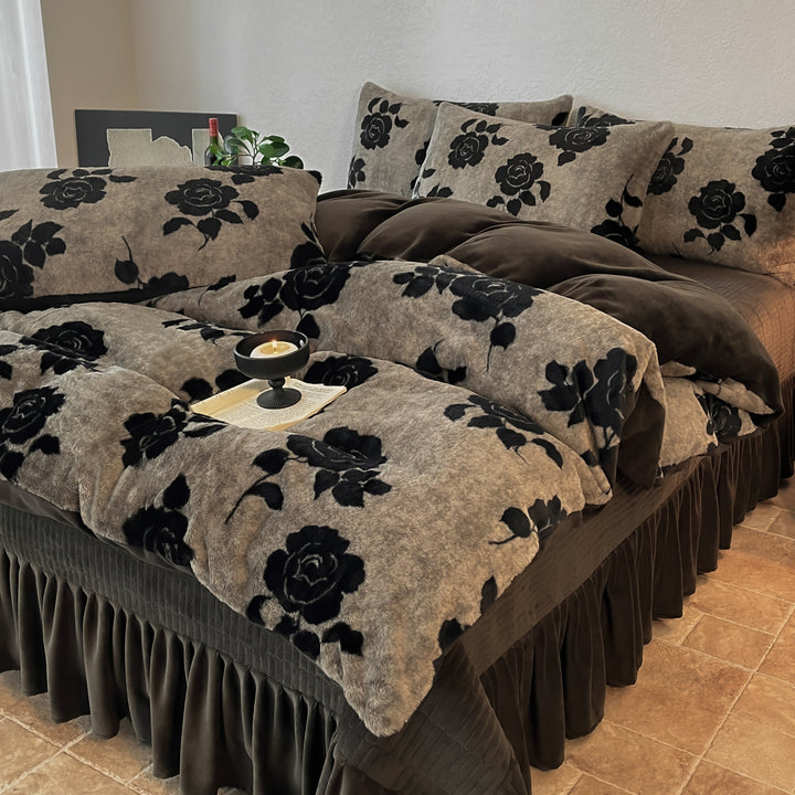 Plush Floral Flocked Reversible Duvet Comforter Set
